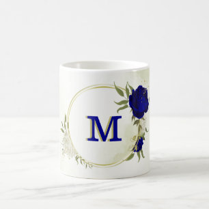 Mug bleu royal blanc floral verdure 