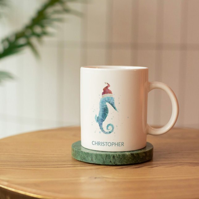 Mug Bleu Seahorse Nautique Nommé Noël (Watercolor Sea Horse with Santa Hat Mug)