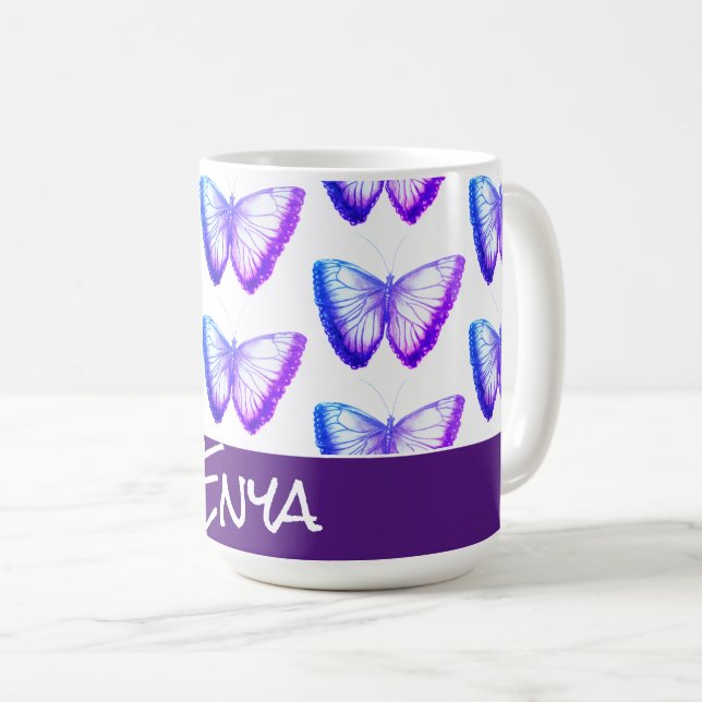 Mug Bleu violet personnalisées papillons mignons (Devant droit)