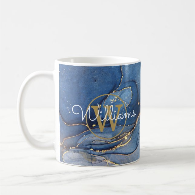 Mug Blue Agate Geode Gold Monogramme Nom du script (Gauche)