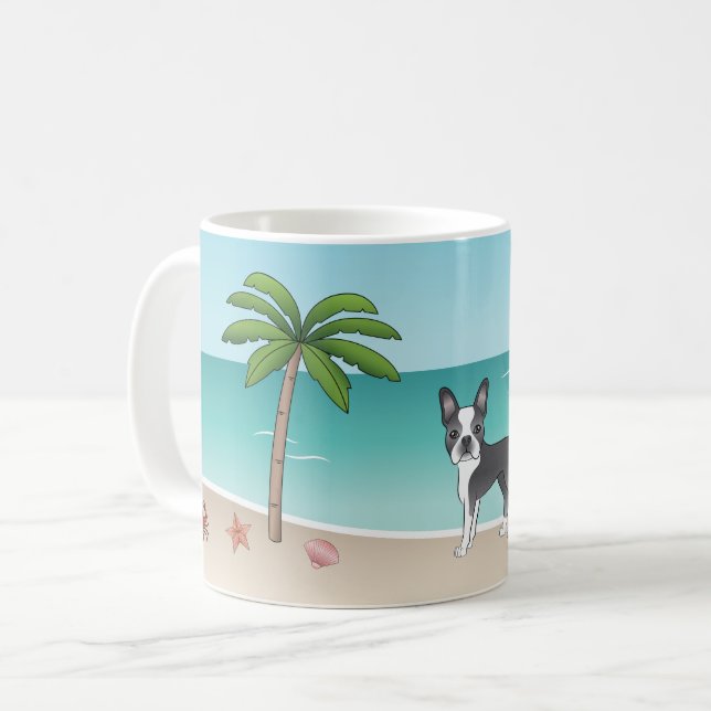 Mug Blue Boston Terrier À Une Plage Tropicale D'Été (Devant gauche)