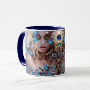 MUG BLUE BUTTERFLY WITH GREEN GOLD SPARKLES