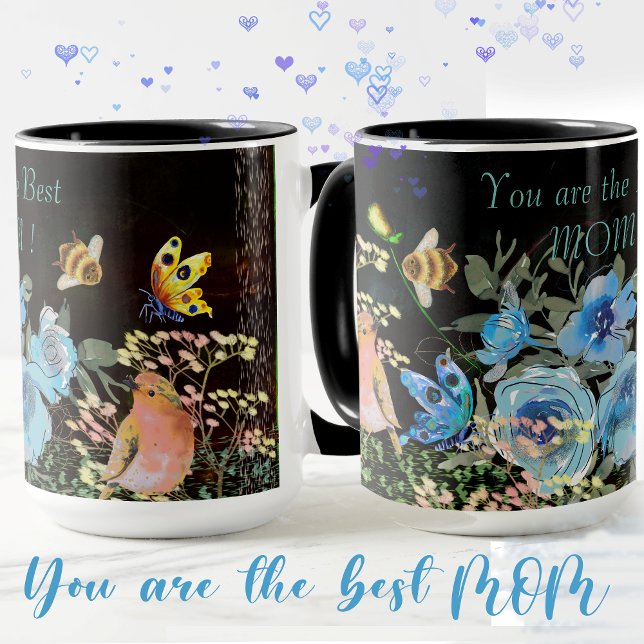 Mug Blue Floral Black Meilleure maman (Blue Floral Black Best Mom Mug)