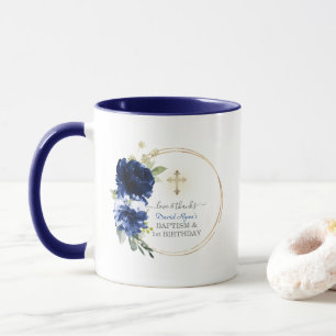 Mug Blue Floral Gold Boy 1er Anniversaire Baptême