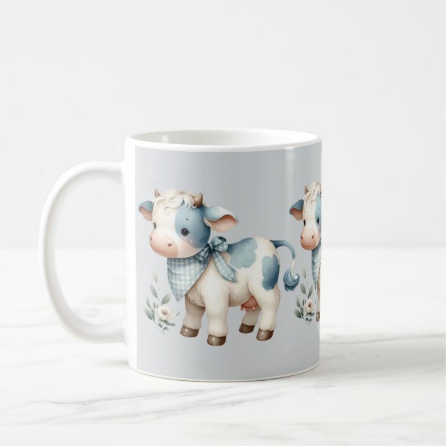 Mug Blue Gingham Baby Cow Pastel Farm Aesthetic (Gauche)