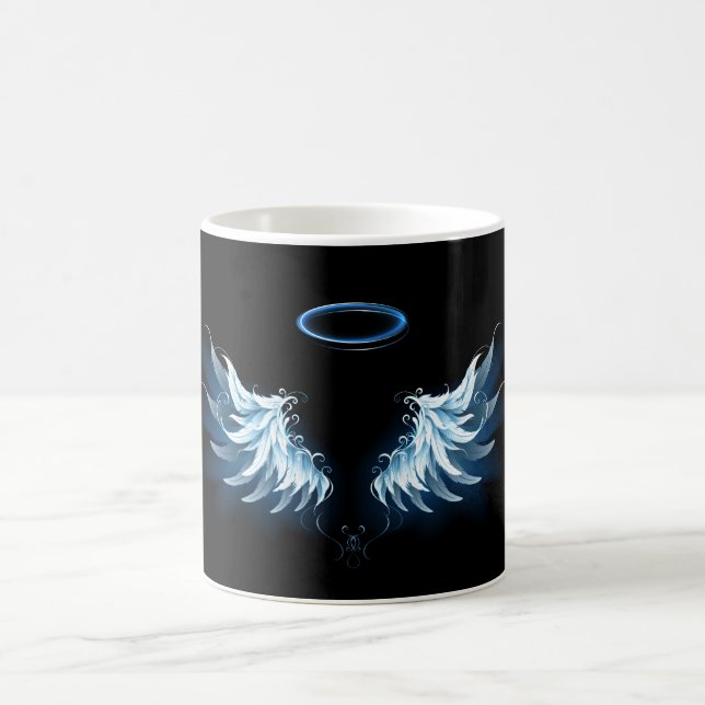 Mug Blue Glowing Angel Wings on black background (Centre)