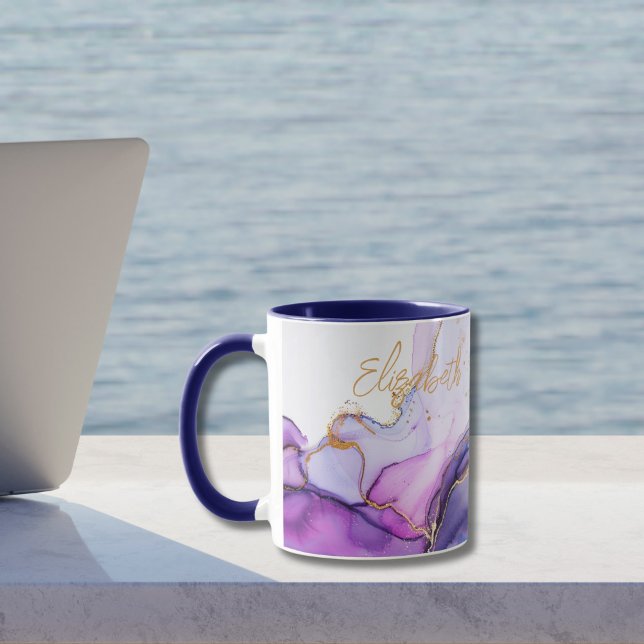 Mug Blue Gold Purple Aquarelle Monogramme Nom Cadeau (Monogrammed Name Blue purple gold alcohol ink watercolor Two tone colored mug)