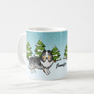 Mug Blue Merle Sheltie Dessin Chien en hiver & Nom