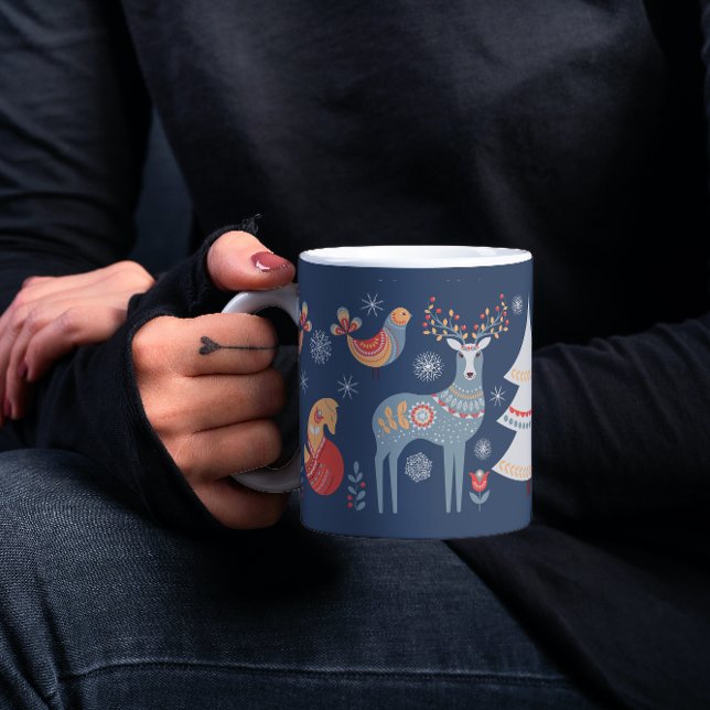 Mug Blue Nordic Reindeer Noël Arbre Floral Fête (Créateur téléchargé)