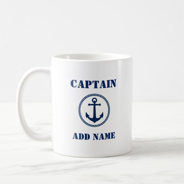 Mug Blue Sea Ancre Capitaine Ajouter un nom ou un nom  (Gauche)