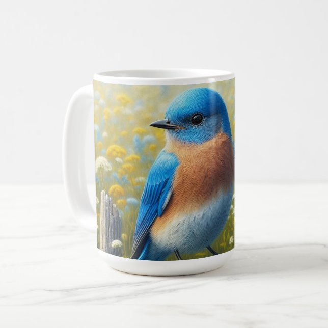 Mug Bluebird perché sur la clôture en bois (Devant gauche)
