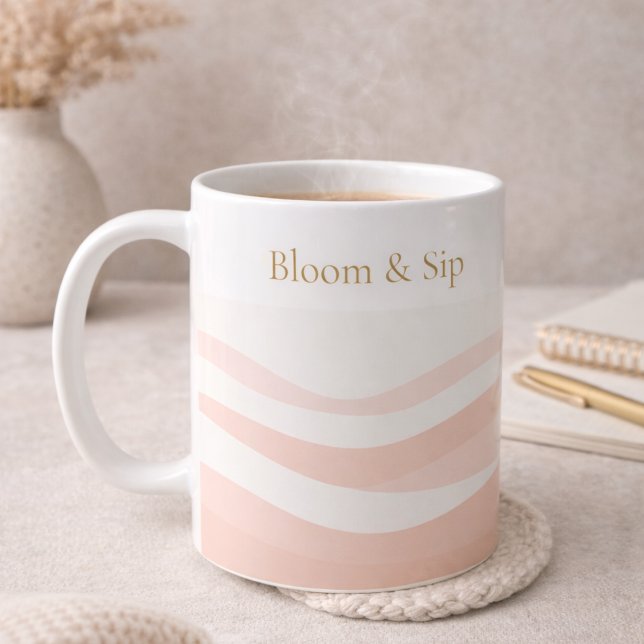 Mug Blush Ripple White Classic Mug, 11 oz (White ceramic wrapped in blush ripples with gold serif detail for calm morning routines.)