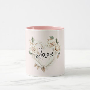 Mug Blush Romantique Roses Crème Plumes Cœur Floral