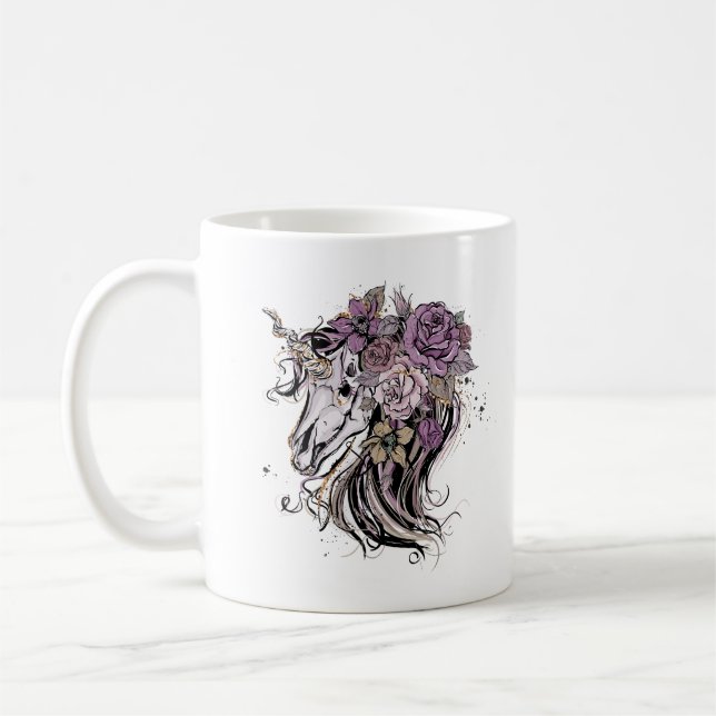 Mug Boho adorable crâne unicorne et fleurs (Gauche)