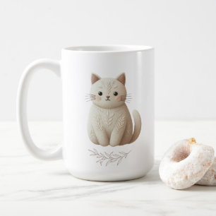 Mug Boho Brodé Beige Kitty avec Feuille