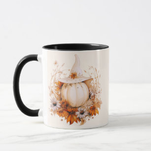 Mug Boho Citrouille Blanche et Fleurs Crème Halloween