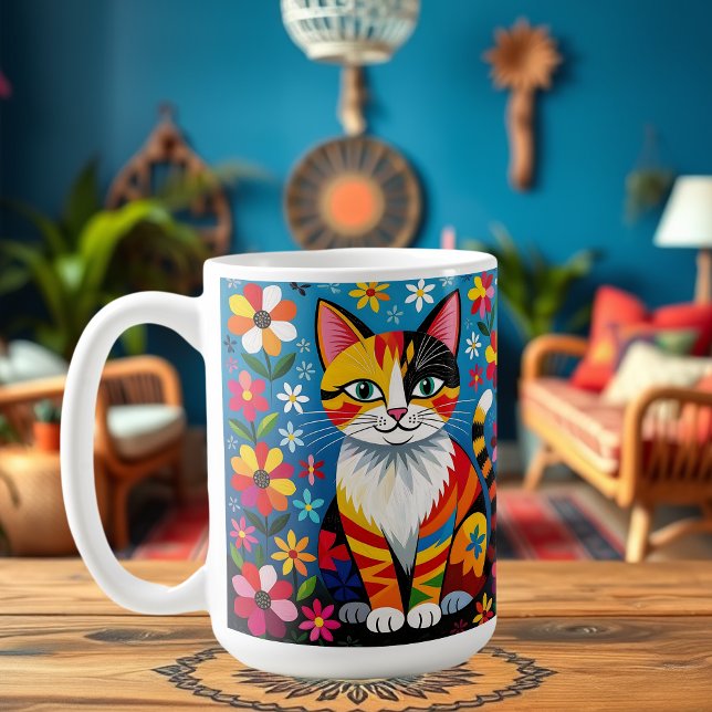 Mug Boho Folk Art Cat, Flowers & Butterfly   (Créateur téléchargé)