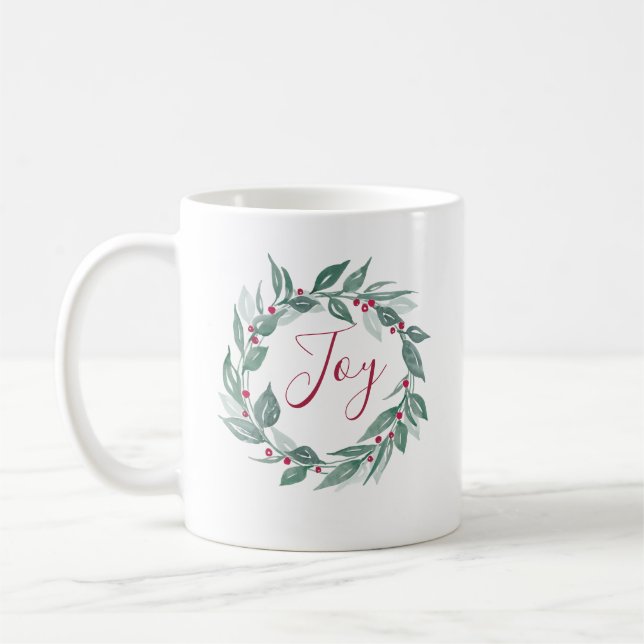 Mug Boho Green Wreath Red Berries Joy Holiday (Gauche)