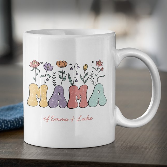 Mug Boho Mama Texte avec Fleurs et Noms d'Enfants (Créateur téléchargé)