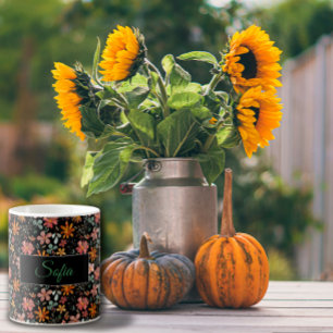 Mug Boho orange rose fleur aquarelle motif noir