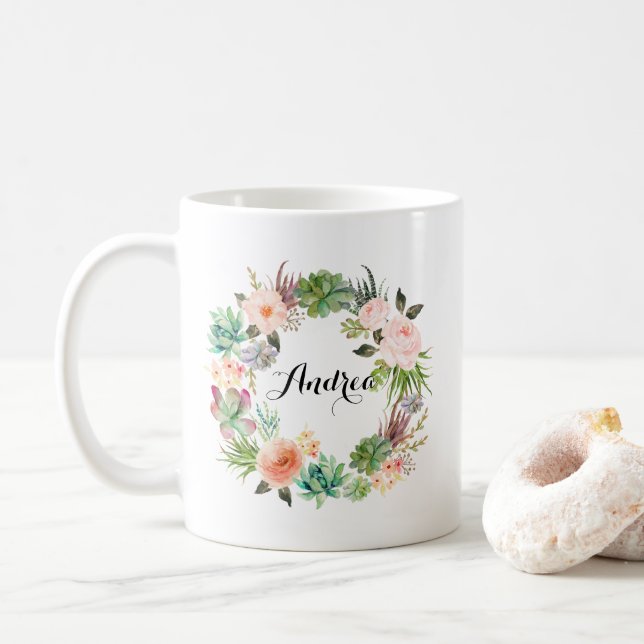 Mug Boho Succulents Floral Wreath Personnalisé (Avec donut)