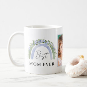 Mug Boho Vert Sage Fleurs Bleues Aquarelle Arc-en-ciel