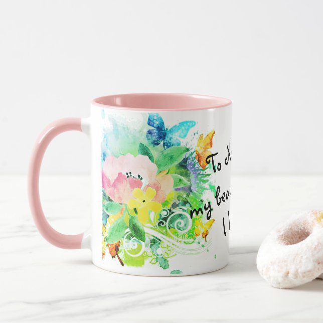 Mug Boisson florale rose et turquoise pour ma nièce (Avec donut)