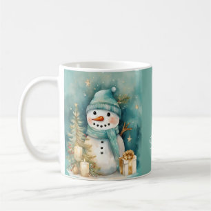 Mug Bonhomme de neige Turquoise & Or avec sapin de Noë