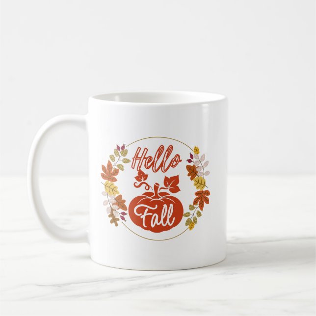 Mug Bonjour automne Feuilles d'automne avec citrouille (Gauche)