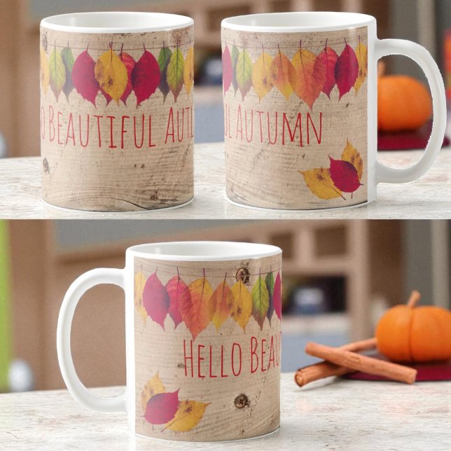 Mug Bonjour Belle Colorée Feuilles d'Automne Frontale (View around the entire template text ceramic mug)