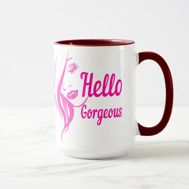 Mug Bonjour Magnifique Jolie Dame Visage Typographie (Droite)