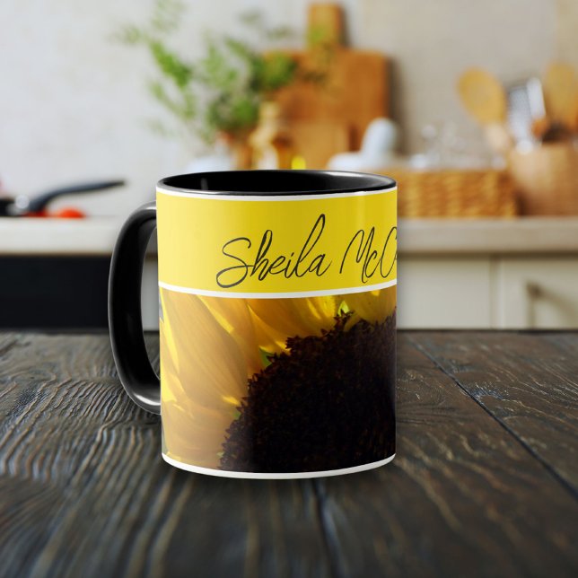 Mug Bonjour Sunshine Sunflower Photo (Bright sunshine from golden yellow sunflower mug. Personalize with your name.)