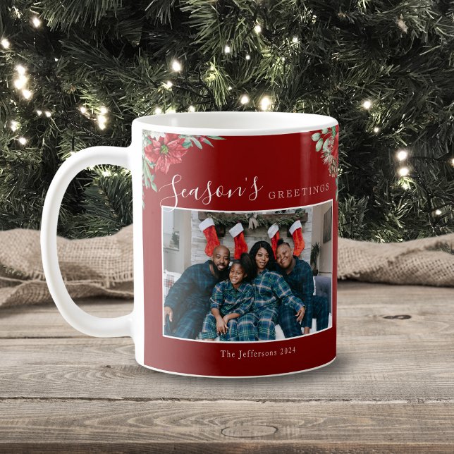 Mug Bonnes Fêtes Poinsettia Photo Noël (Season's Greetings Poinsettia Photo Christmas Coffee Mug)