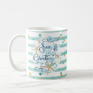 Mug Bonnes Fêtes tropicales, bandes et points Aqua
