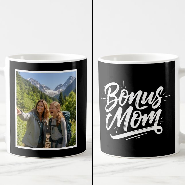 Mug Bonus Mom Brush Script 1 Custom Photo Black White (Créateur téléchargé)
