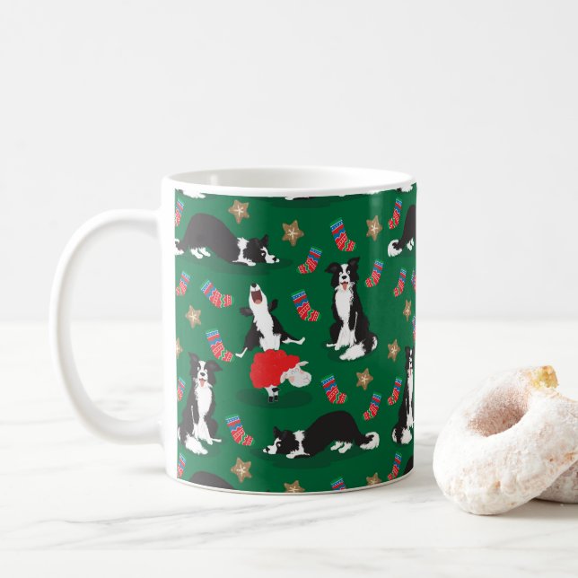 Mug Bordure de Noël Collie verte (Avec donut)