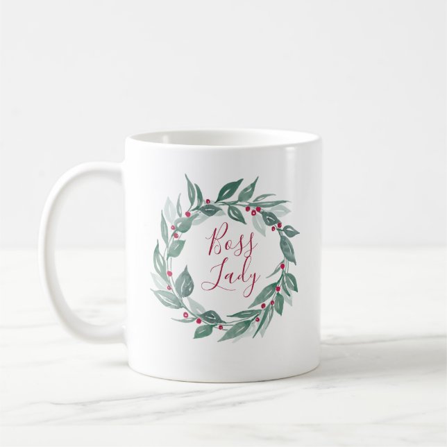 Mug Boss Lady Boho Verdure Wreath Red Berries Holiday (Gauche)