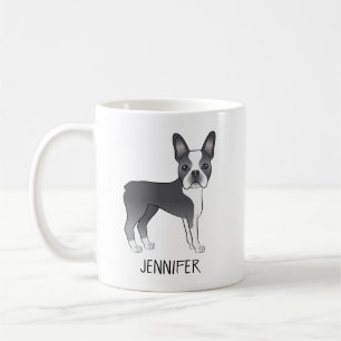 Mug Boston Terrier de dessin animé bleu et blanc & nom