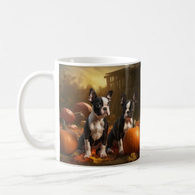 Mug Boston Terrier Puppy Automne Citrouille de plaisir (Gauche)