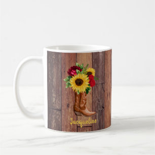 Mug Bottes de cowgirl en bois rustique Tournesols Rose