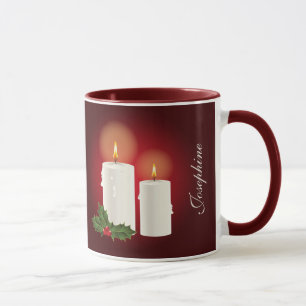 Mug Bougies de Noël blanches sur fond rouge avec texte