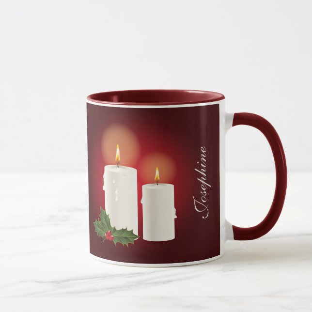 Mug Bougies De Noël Blanches Sur Rouge Avec Texte Pers (Droite)