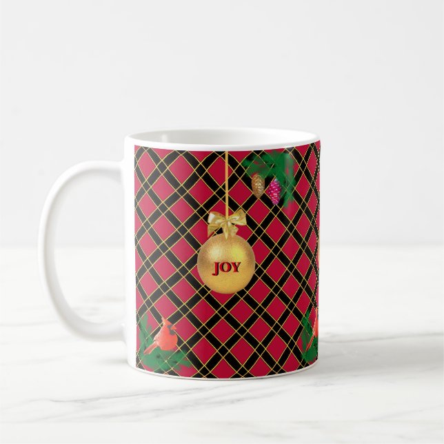 Mug Boule de Noël, oiseau, cônes de pin sur Noir & Rou (Gauche)