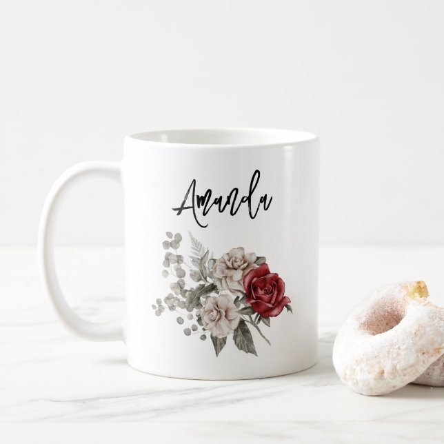 Mug Bouquet de fleurs rouge gris et crème Boho (Avec donut)