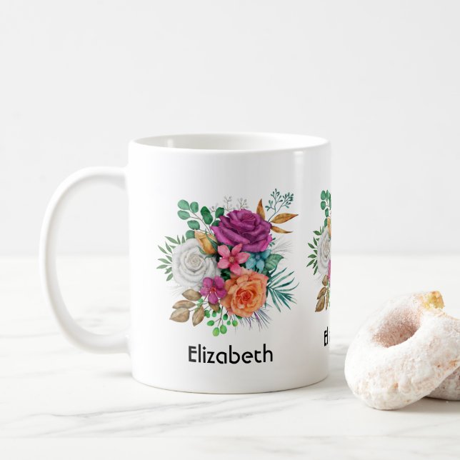 Mug Bouquet floral rose, orange et blanc (Avec donut)