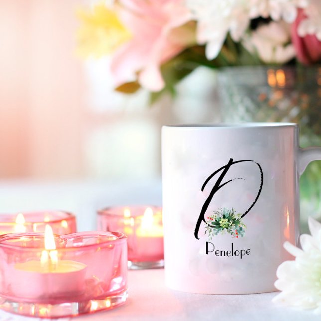 Mug Bouteille de café monogramme initiale fleur sauvag (Créateur téléchargé)