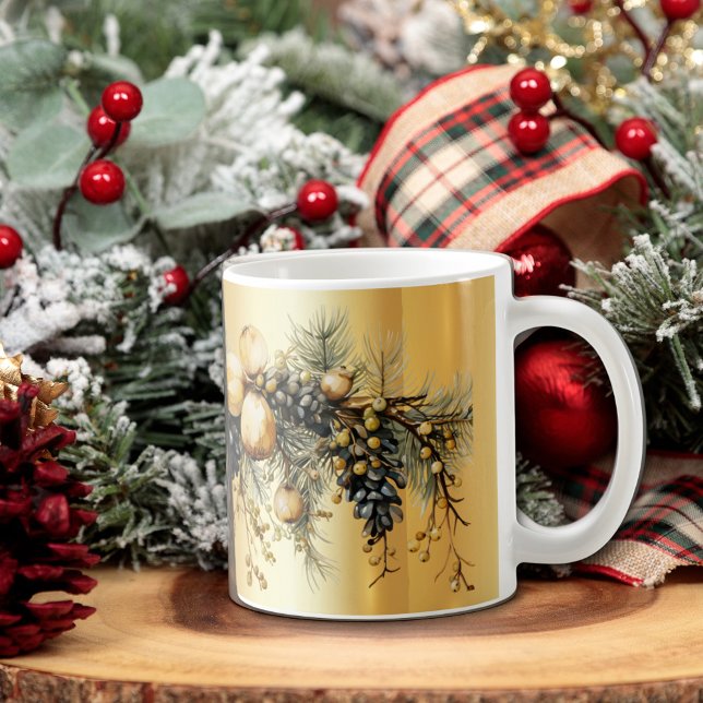 Mug Branches du cône de pin de Noël (Christmas Garland Mug Gold and Green)