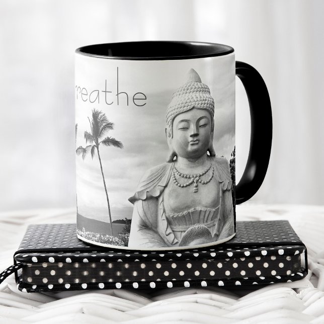 Mug Breathe Hawaii Bouddha noir blanc photo (Créateur téléchargé)