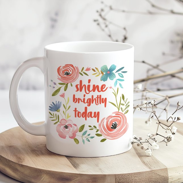 Mug "Brillant Aujourd'Hui" Pastel Rose Floral ("Shine Brightly Today" Pastel Pink Floral Coffee Mug on a boho kitchen table with white dry flowers)