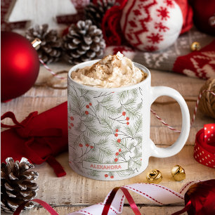 Mug Brins de pin et baies Noël Nom personnalisé